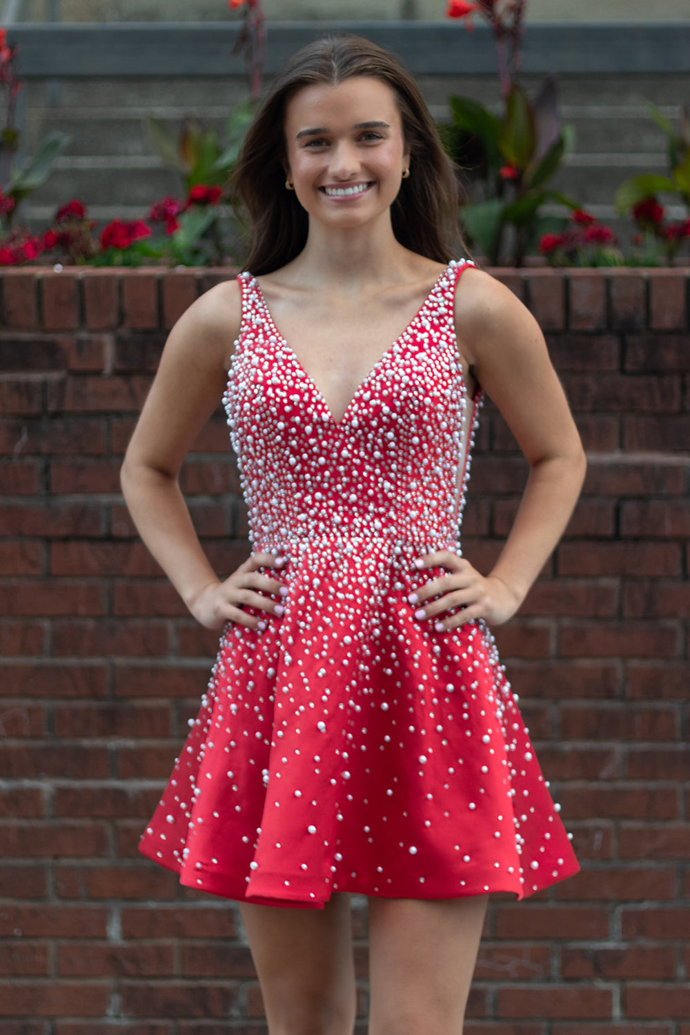 Sparkly Red V-Neck A-Line Short Homecoming Dress with Pearls