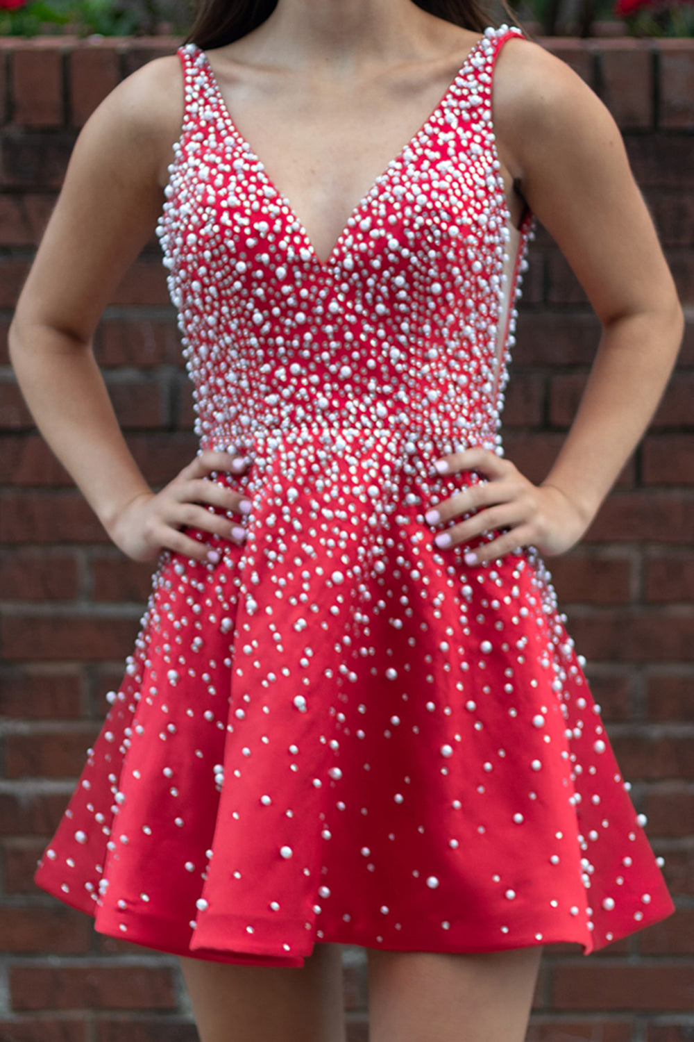 Sparkly Red V-Neck A-Line Short Homecoming Dress with Pearls