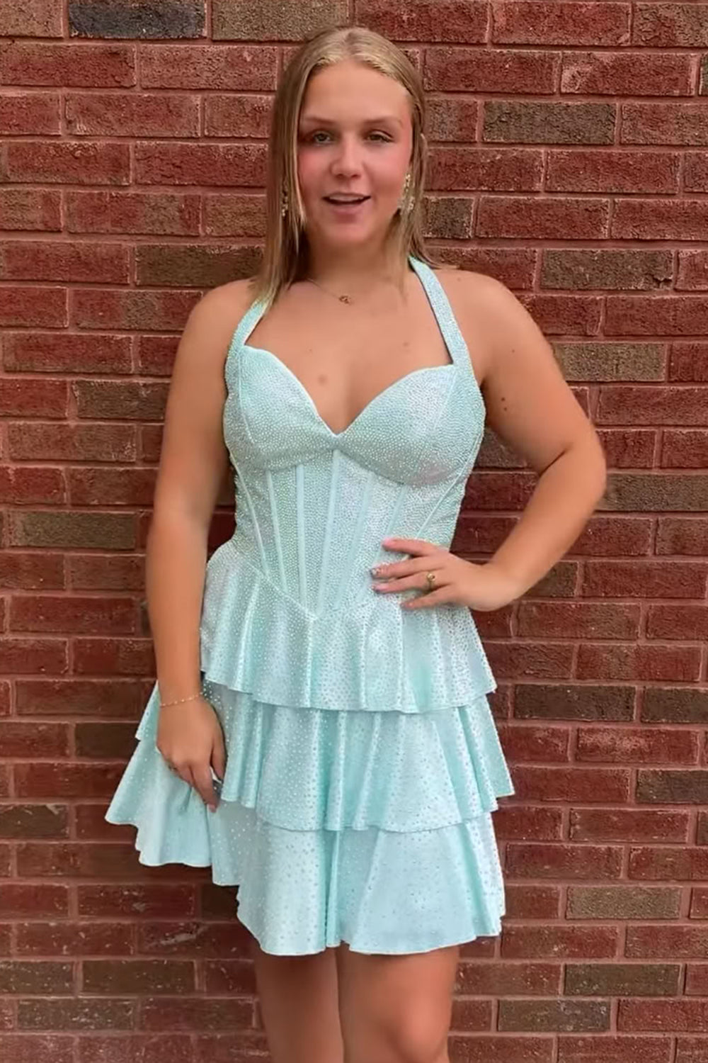 Sparkly Mint Tiered Corset Halter Short Homecoming Dress with Beading