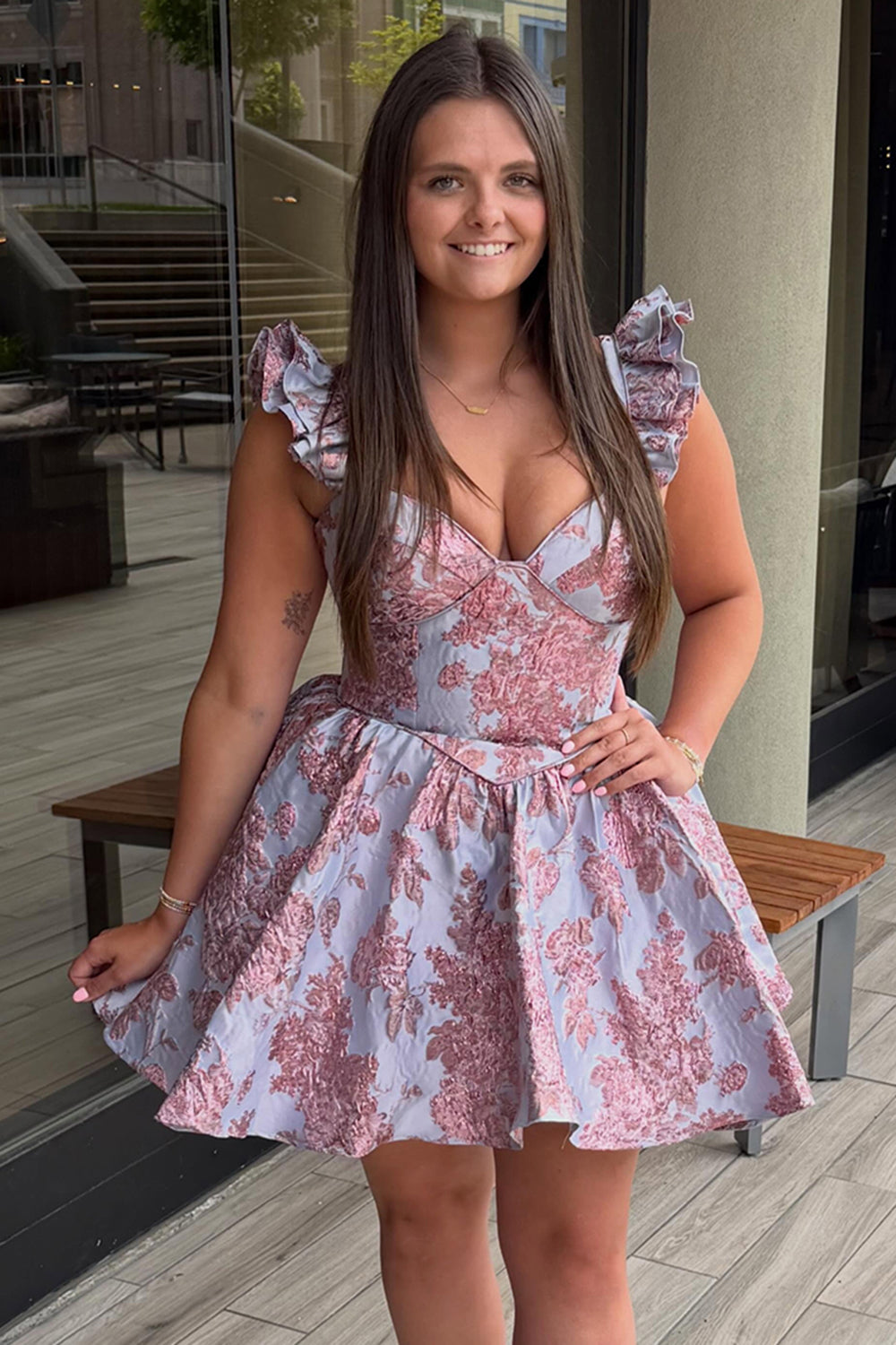 Floral Lilac Flutter Sleeves V Neck Short Homecoming Dress
