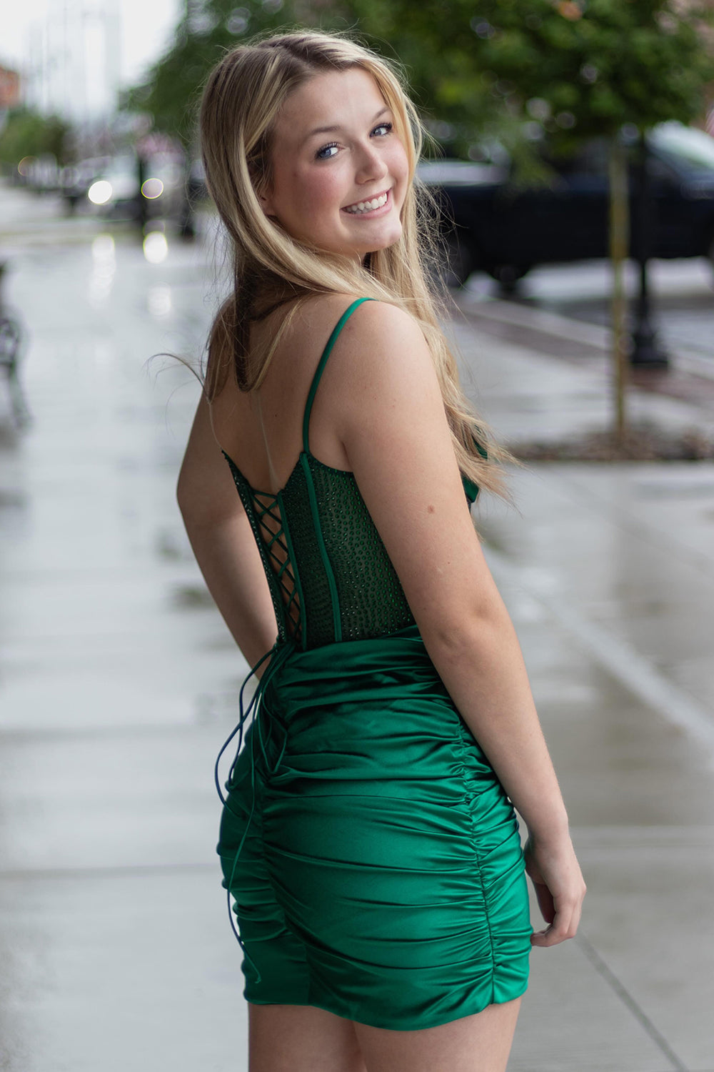 Emerald Green Spaghetti Straps Corset Bodycon Short Homecoming Dress