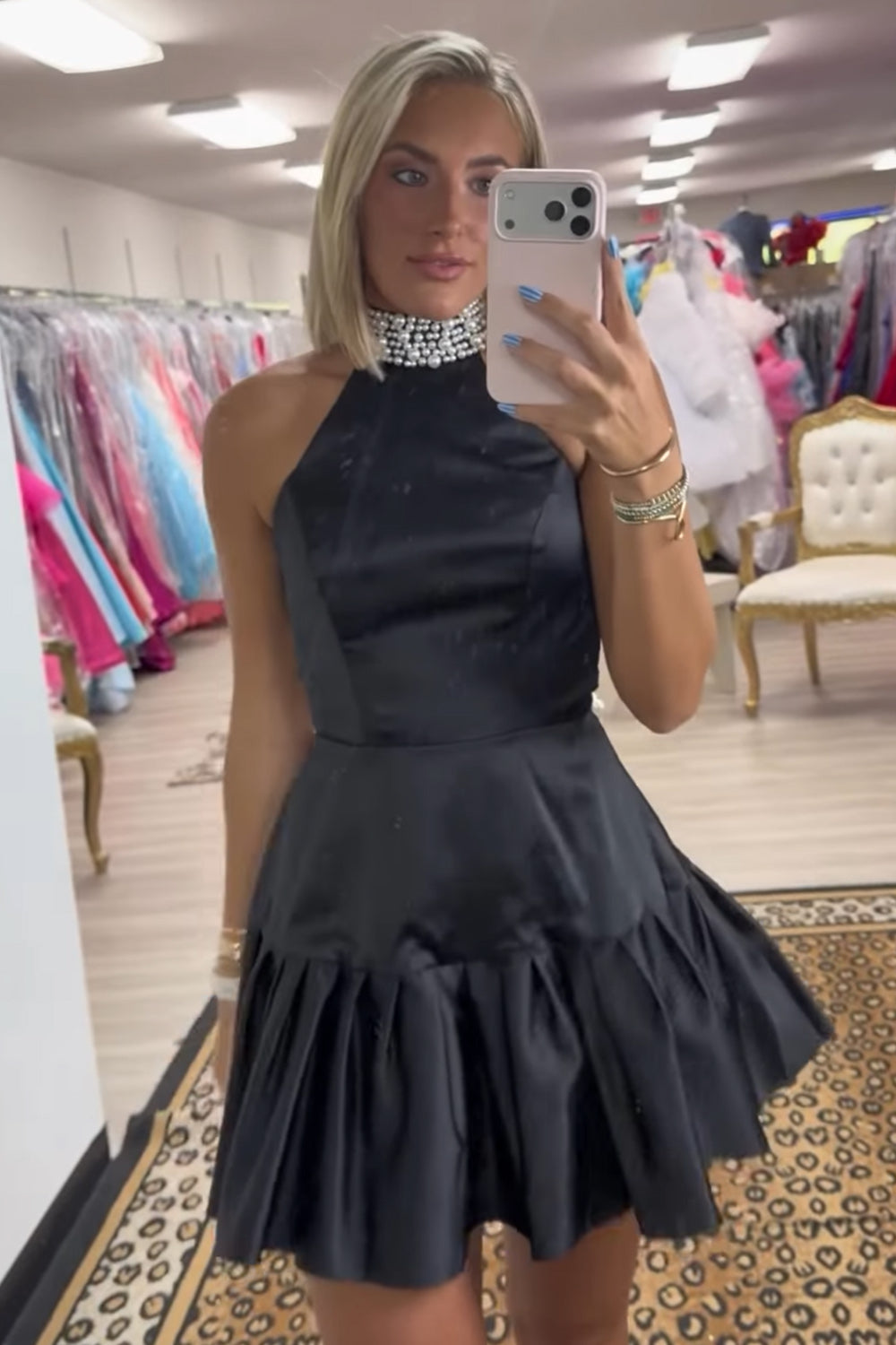 Halter Black A Line Short Homecoming Dress with Pearls