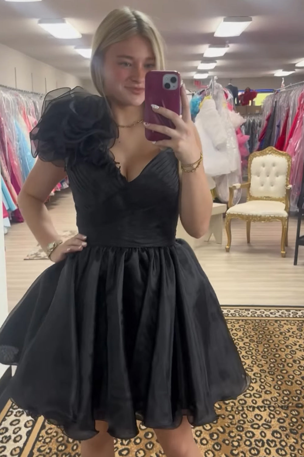 Black Ruched Short Homecoming Dress with 3D Flower A-Line One Shoulder Cocktail Dress