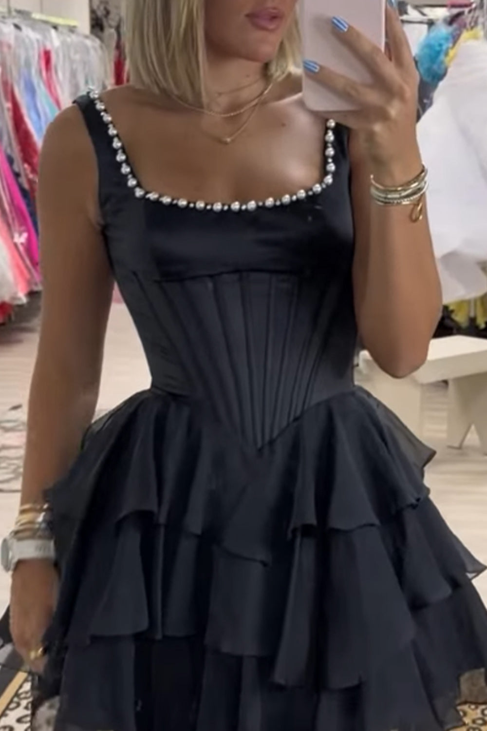 Black Tiered Corset Pearls Square Neck Short Homecoming Dress