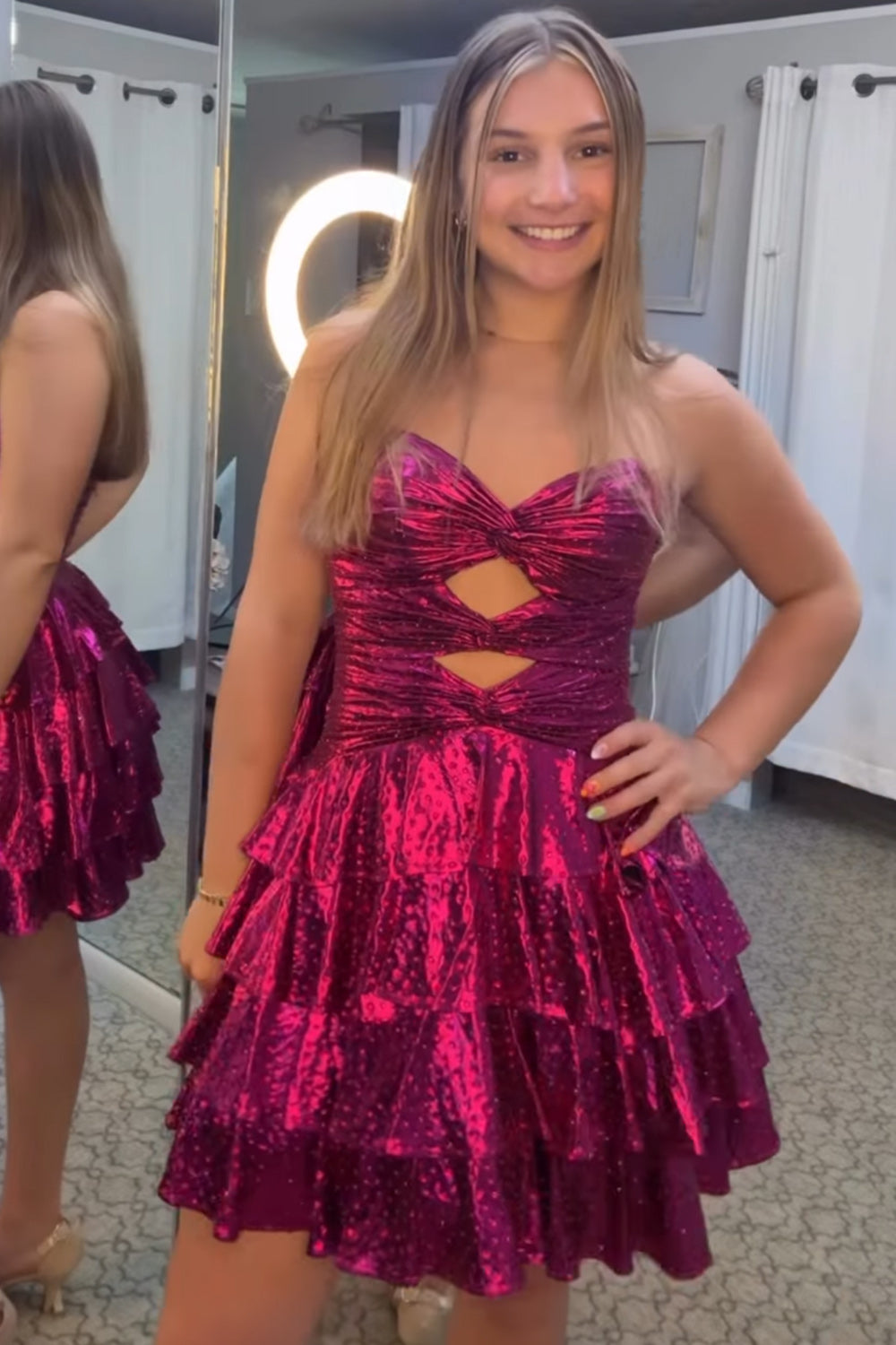 Fuchsia Ruffled Sparkly Sweetheart Short Homecoming Dress with Beading Metallic A-Line Cut Out Tiered Ruched Cocktail Dress