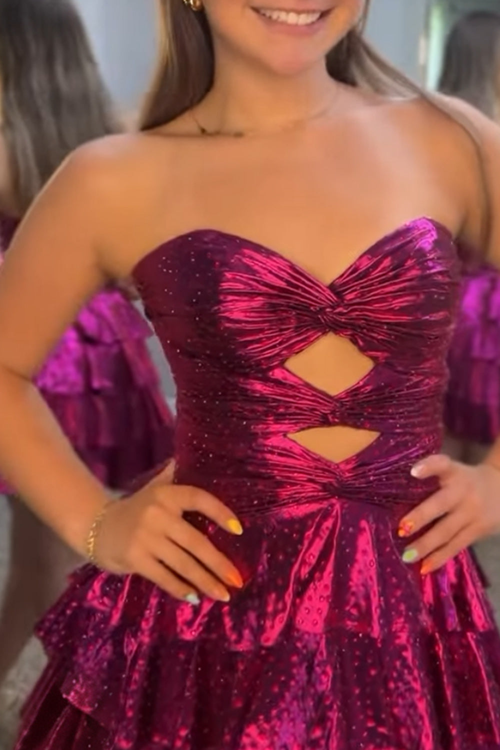Fuchsia Cut Out Tiered Strapless Short Homecoming Dress with Beading