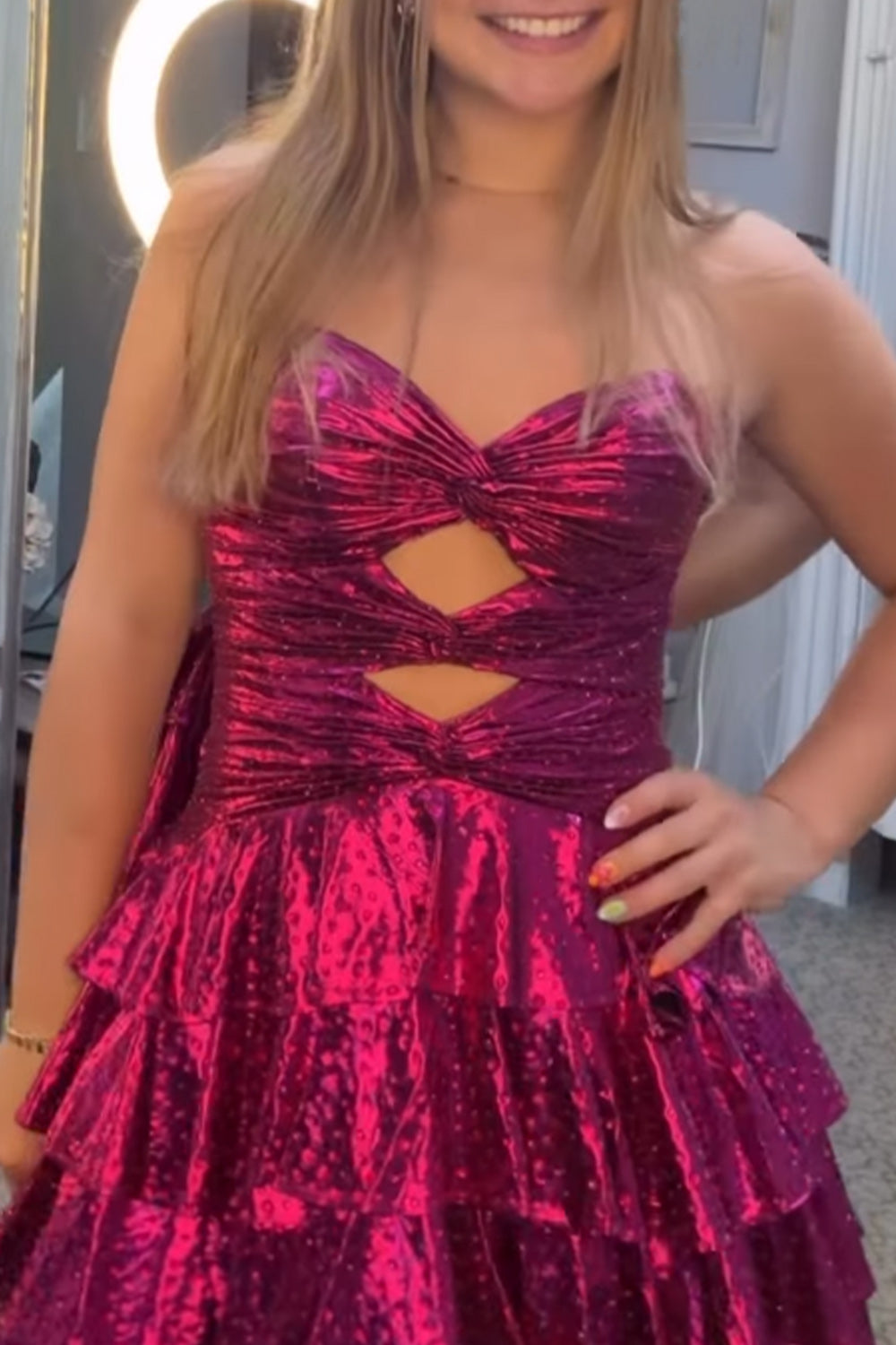 Fuchsia Cut Out Tiered Strapless Short Homecoming Dress with Beading