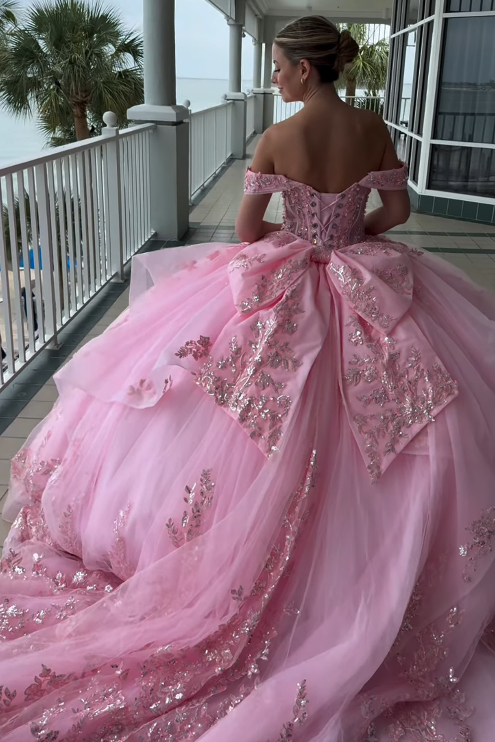 Sparkly Pink Princess Beaded Corset Long Quinceanera Dress with Bow