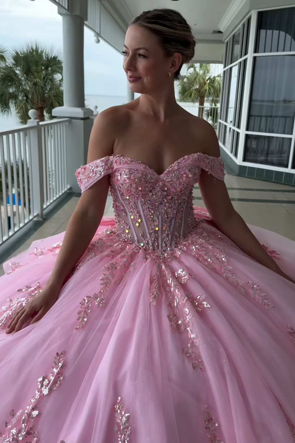Sparkly Pink Princess Beaded Corset Long Quinceanera Dress with Bow