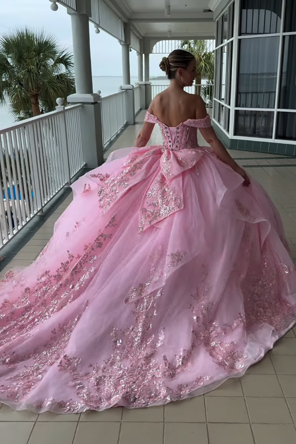 Sparkly Pink Princess Beaded Corset Long Quinceanera Dress with Bow