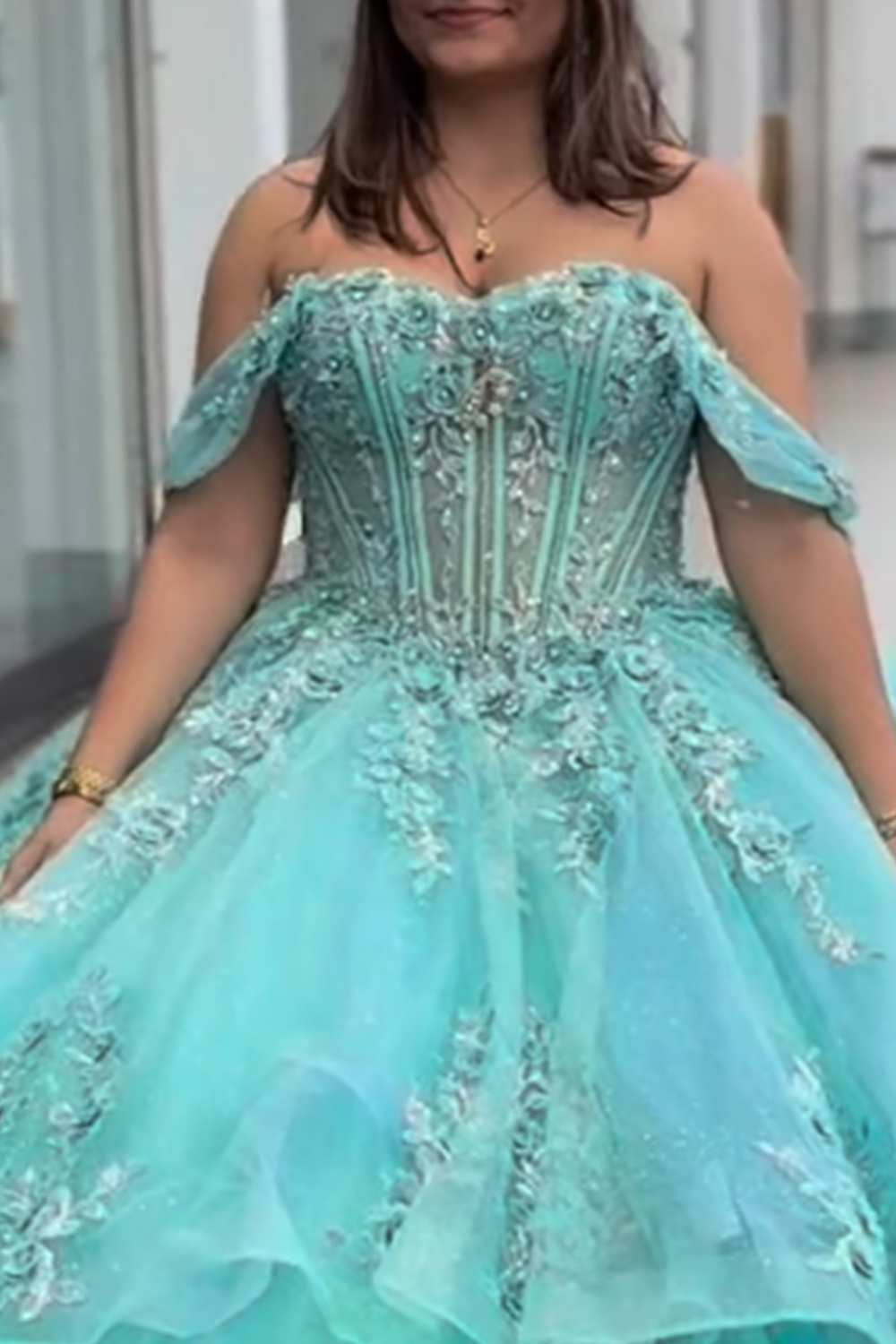 Beaded Princess Sparkly Green Long Corset Quinceanera Dress