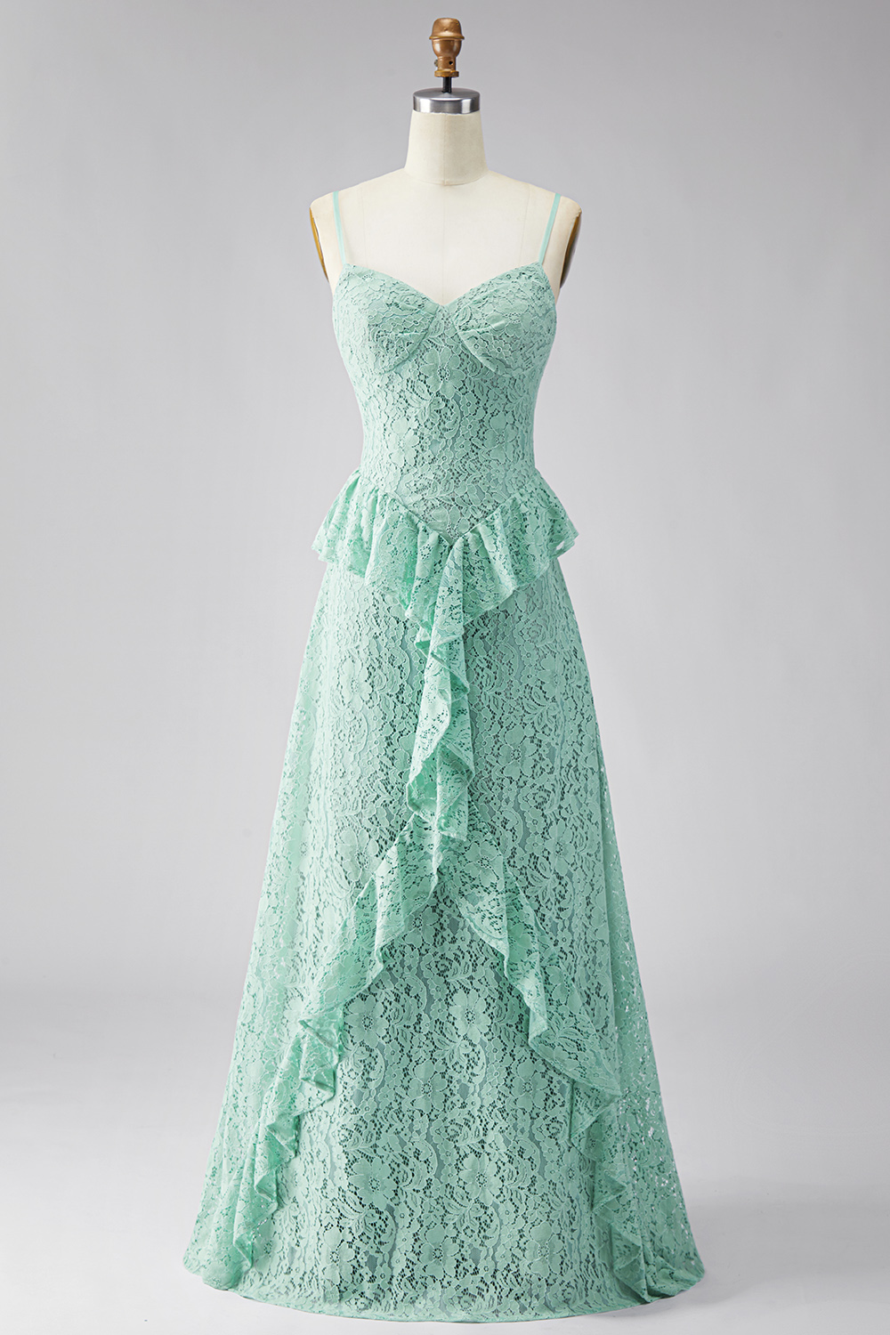 Mint Floral Maxi A Line Spaghetti Straps Formal Dress with Ruffles
