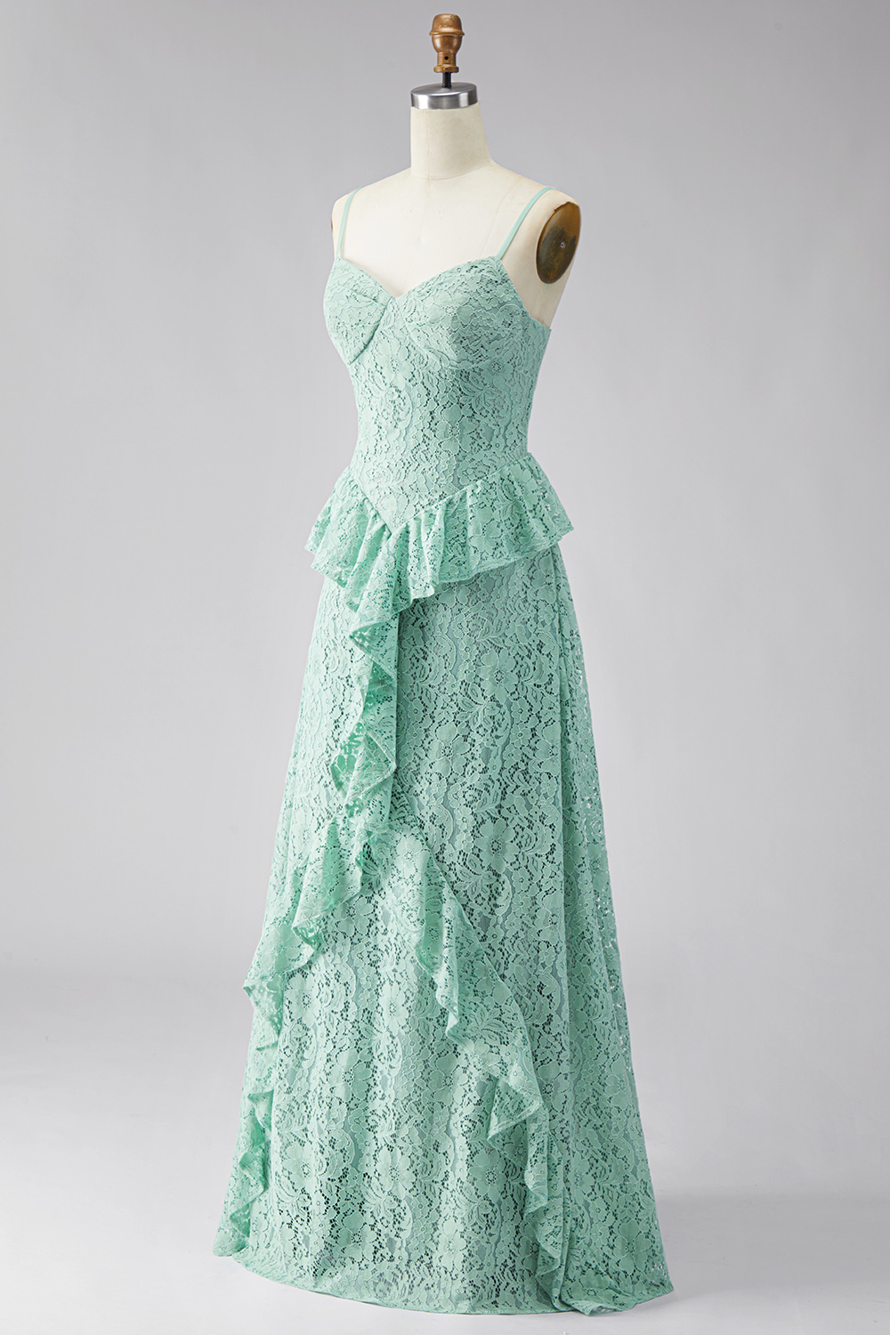 Mint Floral Maxi A Line Spaghetti Straps Formal Dress with Ruffles