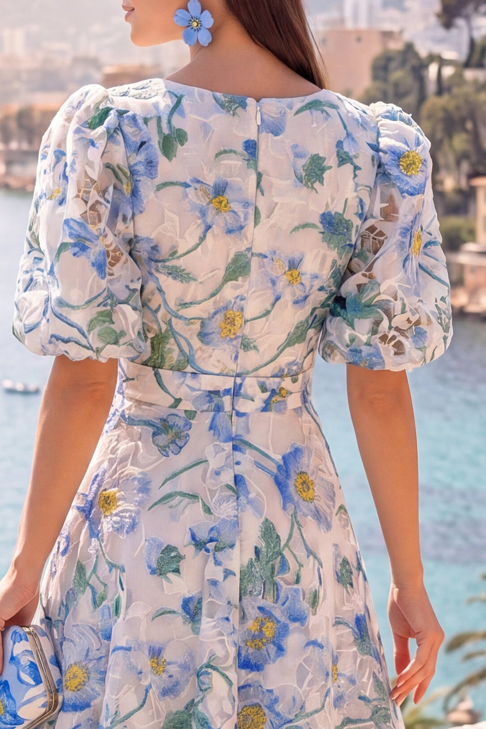 Floral Pink V-Neck Puff Sleeves A Line Maxi Formal Dress