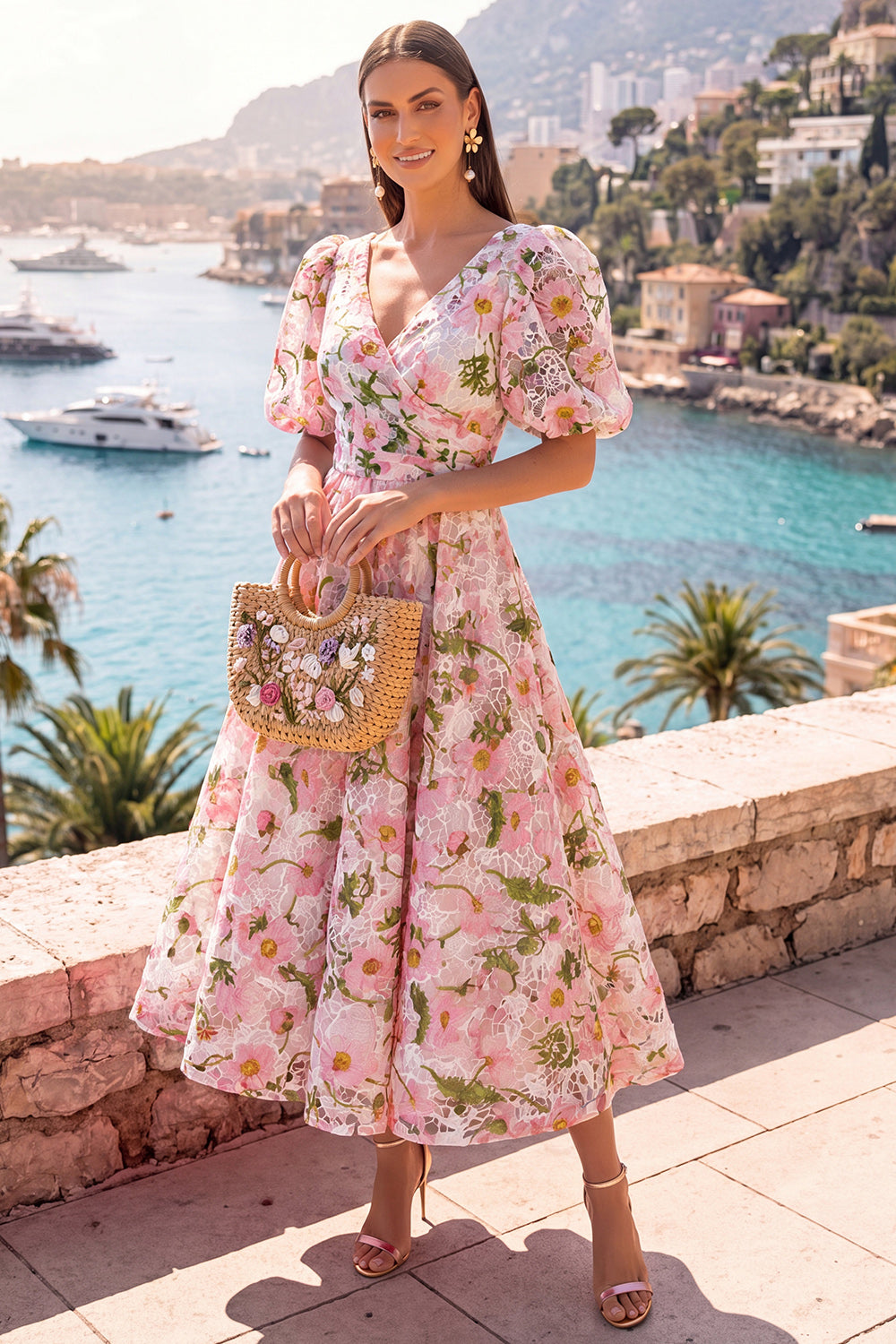 Floral Pink V-Neck Puff Sleeves A Line Maxi Formal Dress