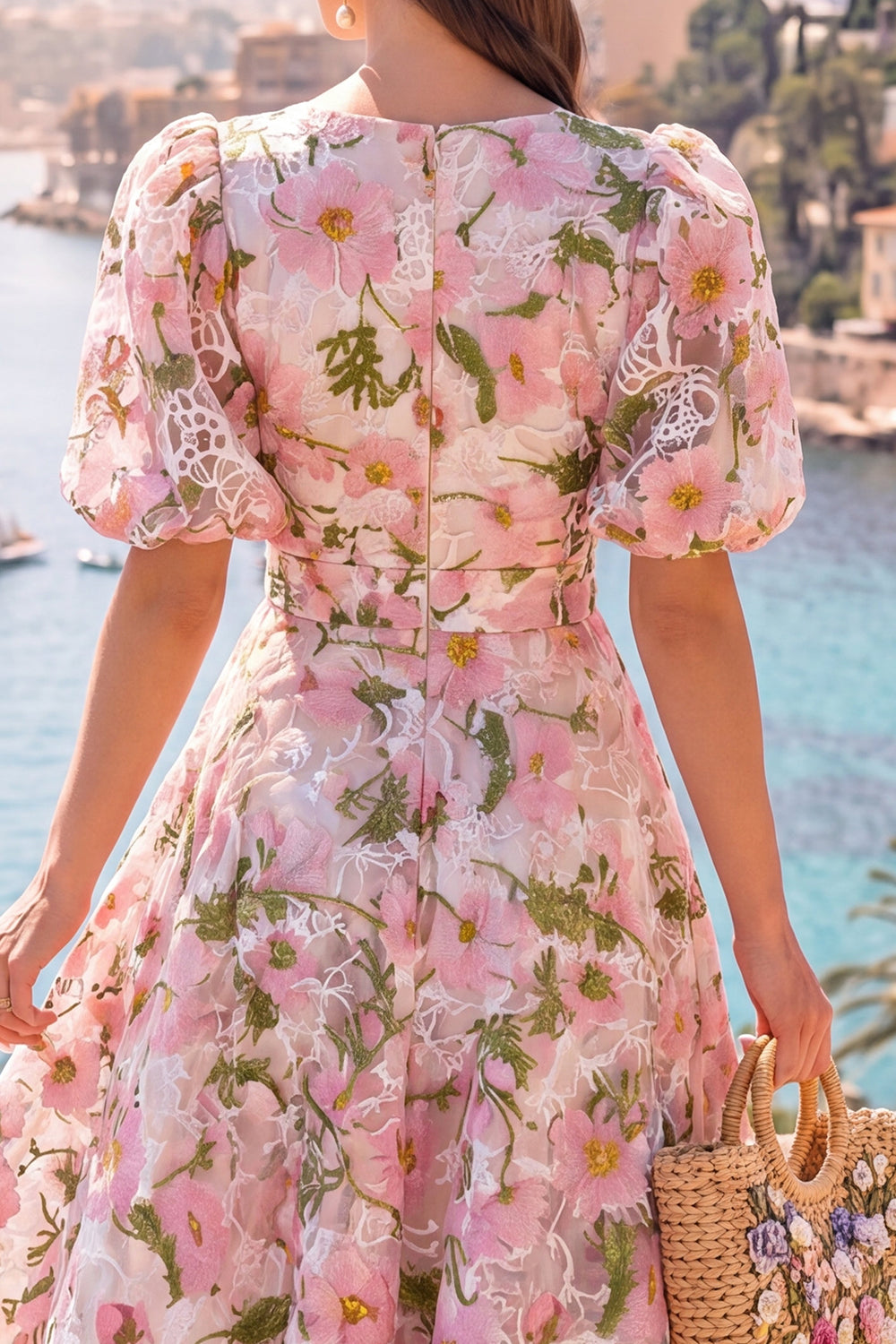 Floral Pink V-Neck Puff Sleeves A Line Maxi Formal Dress