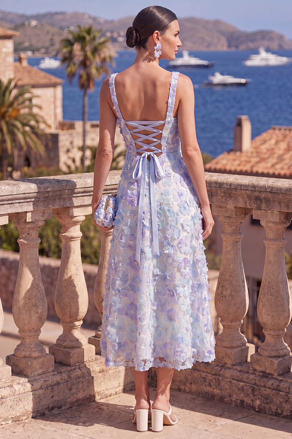 Lilac Orange Beaded Floral A Line Maxi Square Neck Formal Dress
