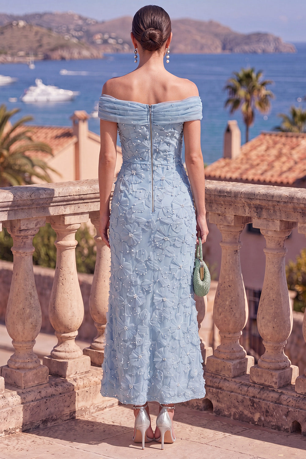 Sage Green Beaded Floral A Line Maxi Off the Shoulder Formal Dress