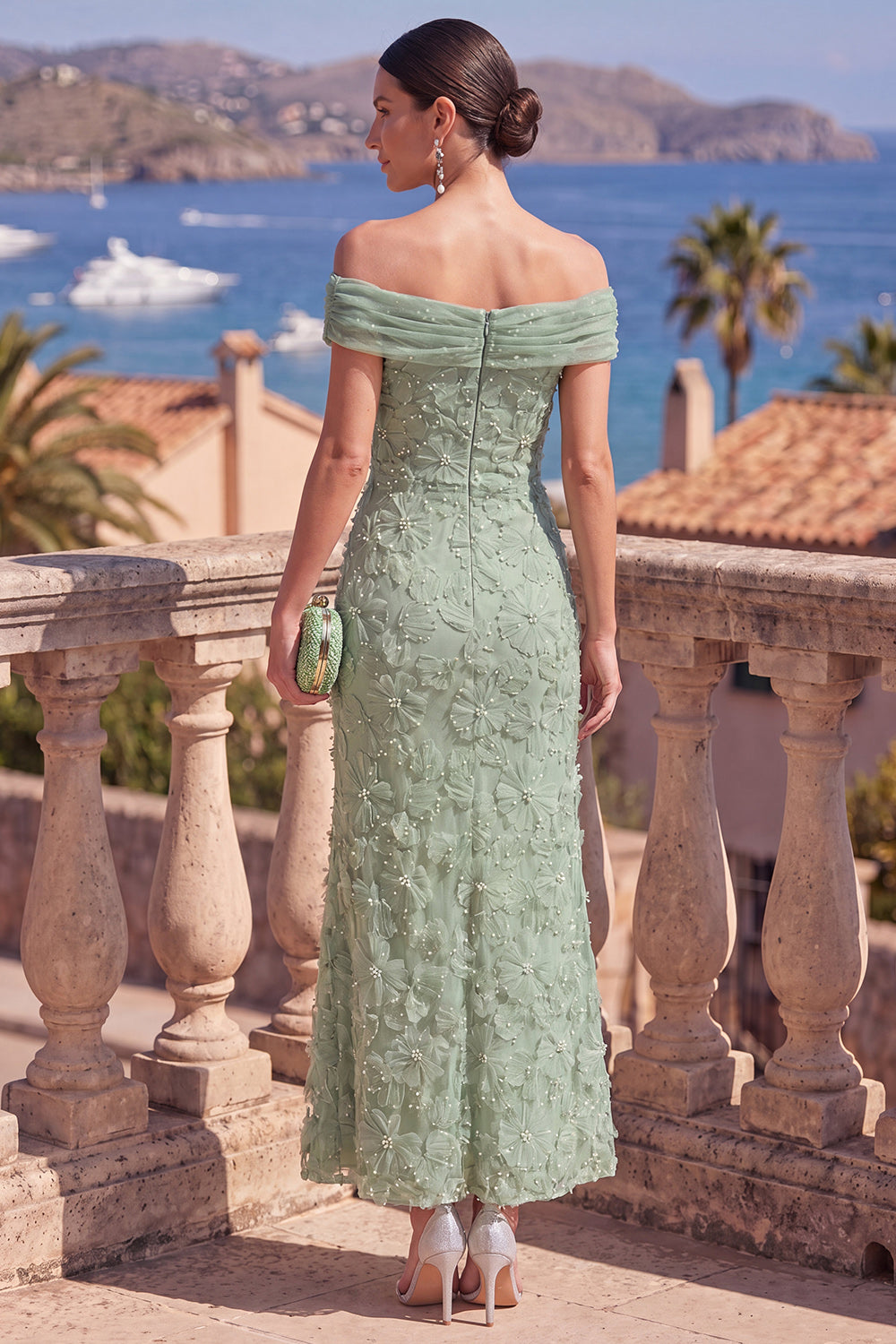 Sage Green Beaded Floral A Line Maxi Off the Shoulder Formal Dress
