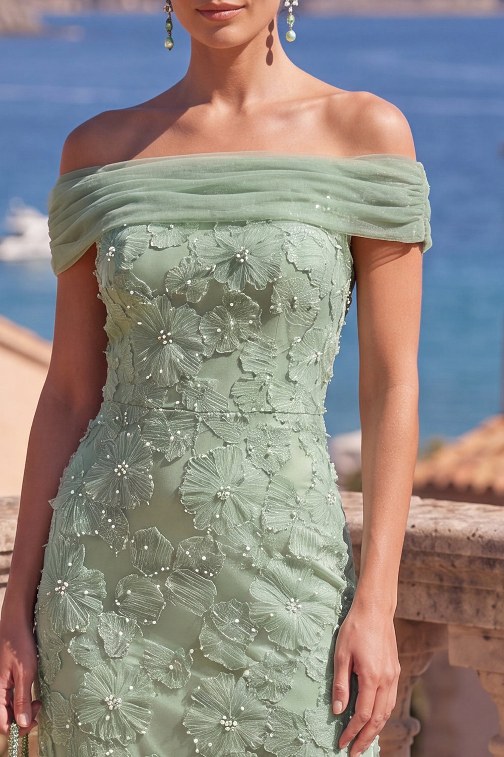 Sage Green Beaded Floral A Line Maxi Off the Shoulder Formal Dress