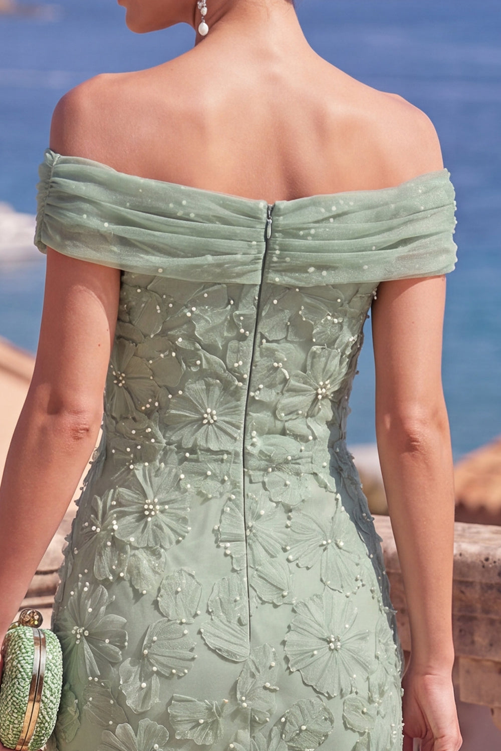 Sage Green Beaded Floral A Line Maxi Off the Shoulder Formal Dress