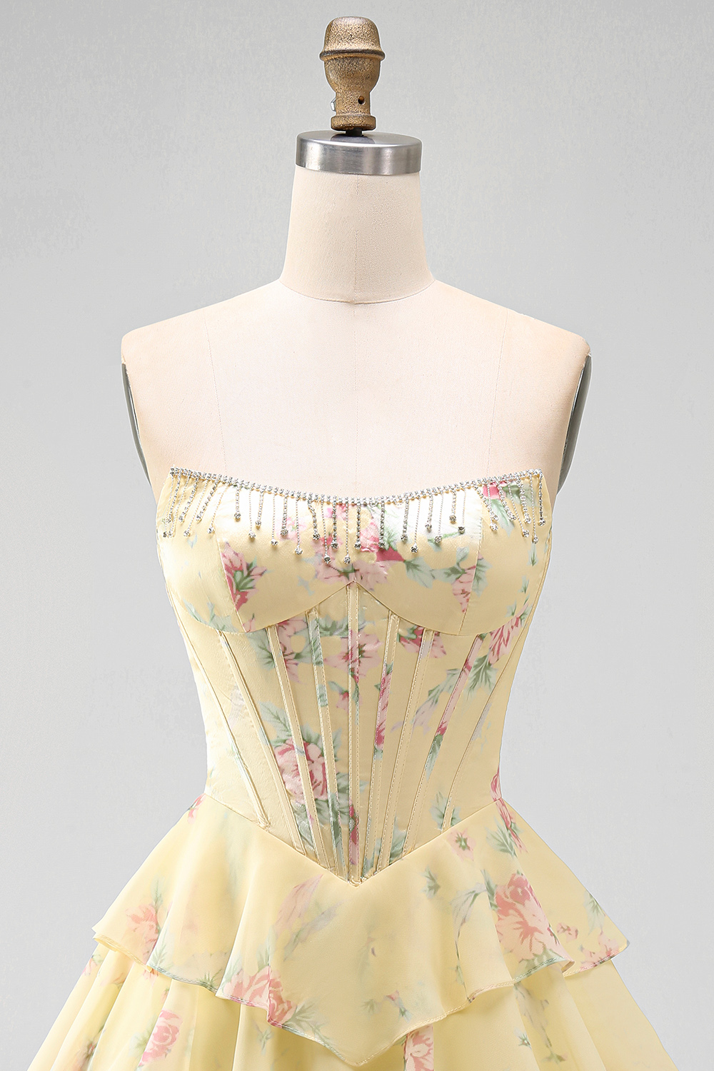 Yellow A Line Floral Corset Strapless Short Fringed Homecoming Dress with Ruffles