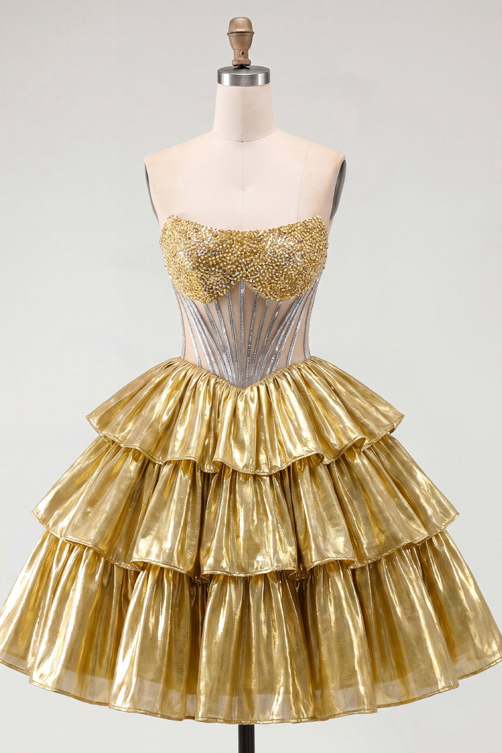 Sparkly Golden A Line Short Beaded Strapless Corset Metallic Homecoming Dress