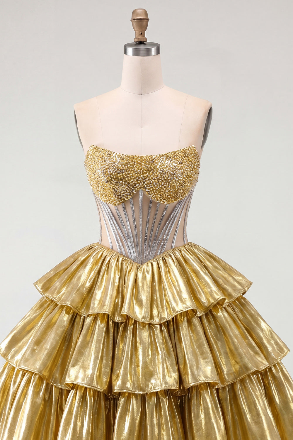 Sparkly Golden A Line Short Beaded Strapless Corset Metallic Homecoming Dress