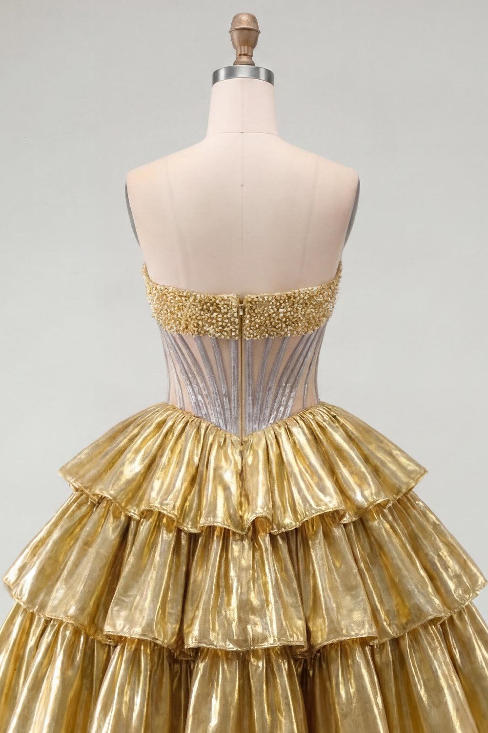 Sparkly Golden A Line Short Beaded Strapless Corset Metallic Homecoming Dress