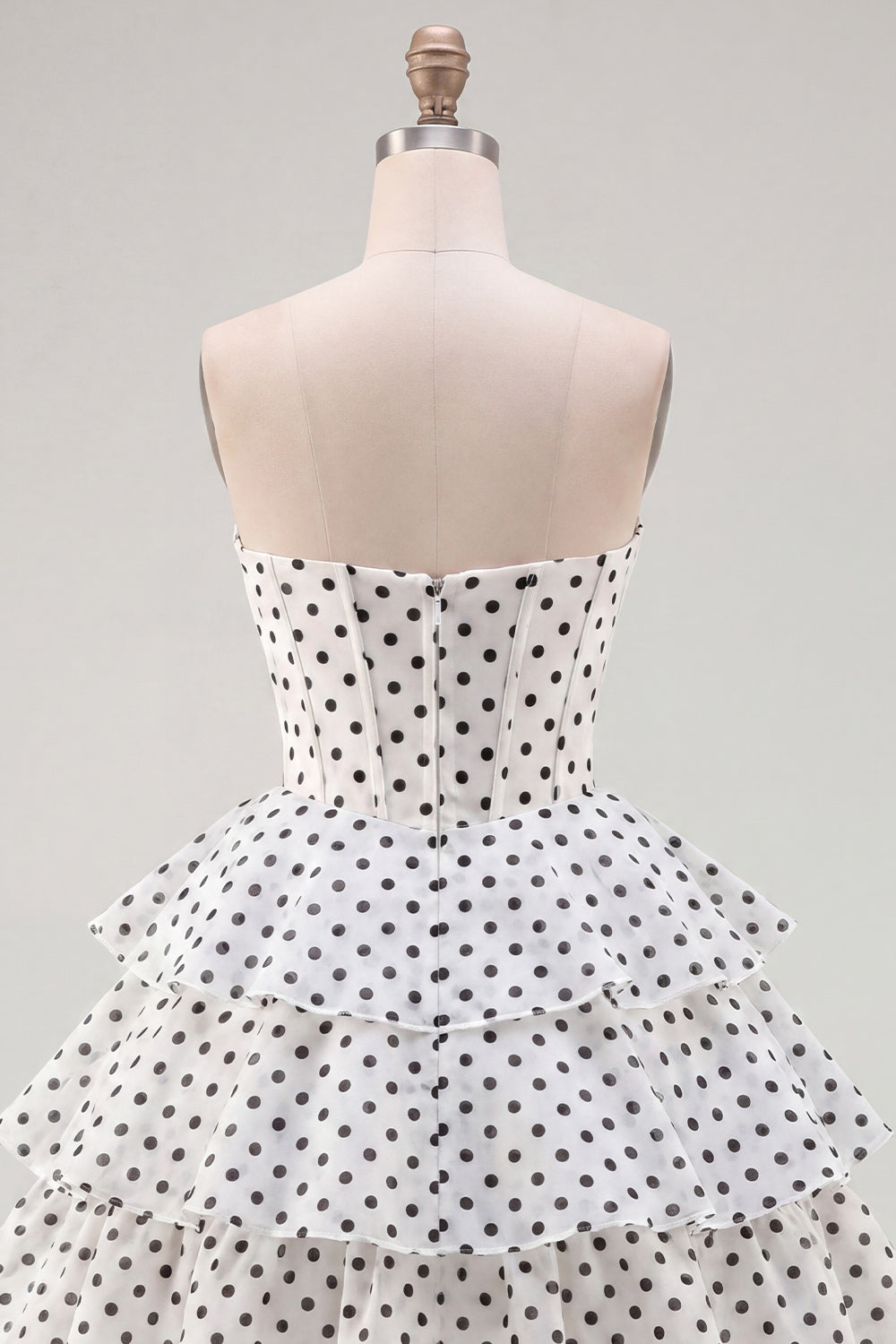 White Polka Dots A Line Corset Strapless Short Homecoming Dress with Ruffles