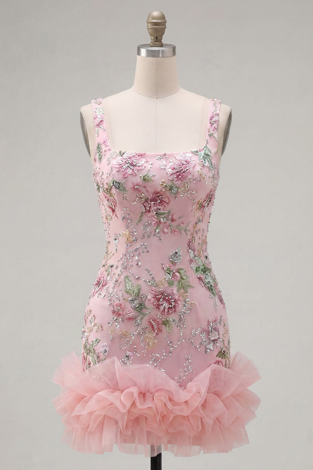 Sparkly Pink Floral Beaded Tight Short Homecoming Dress with Ruffles