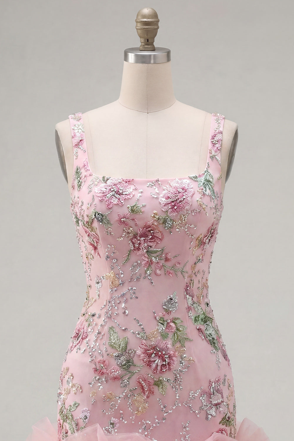 Sparkly Pink Floral Beaded Tight Short Homecoming Dress with Ruffles