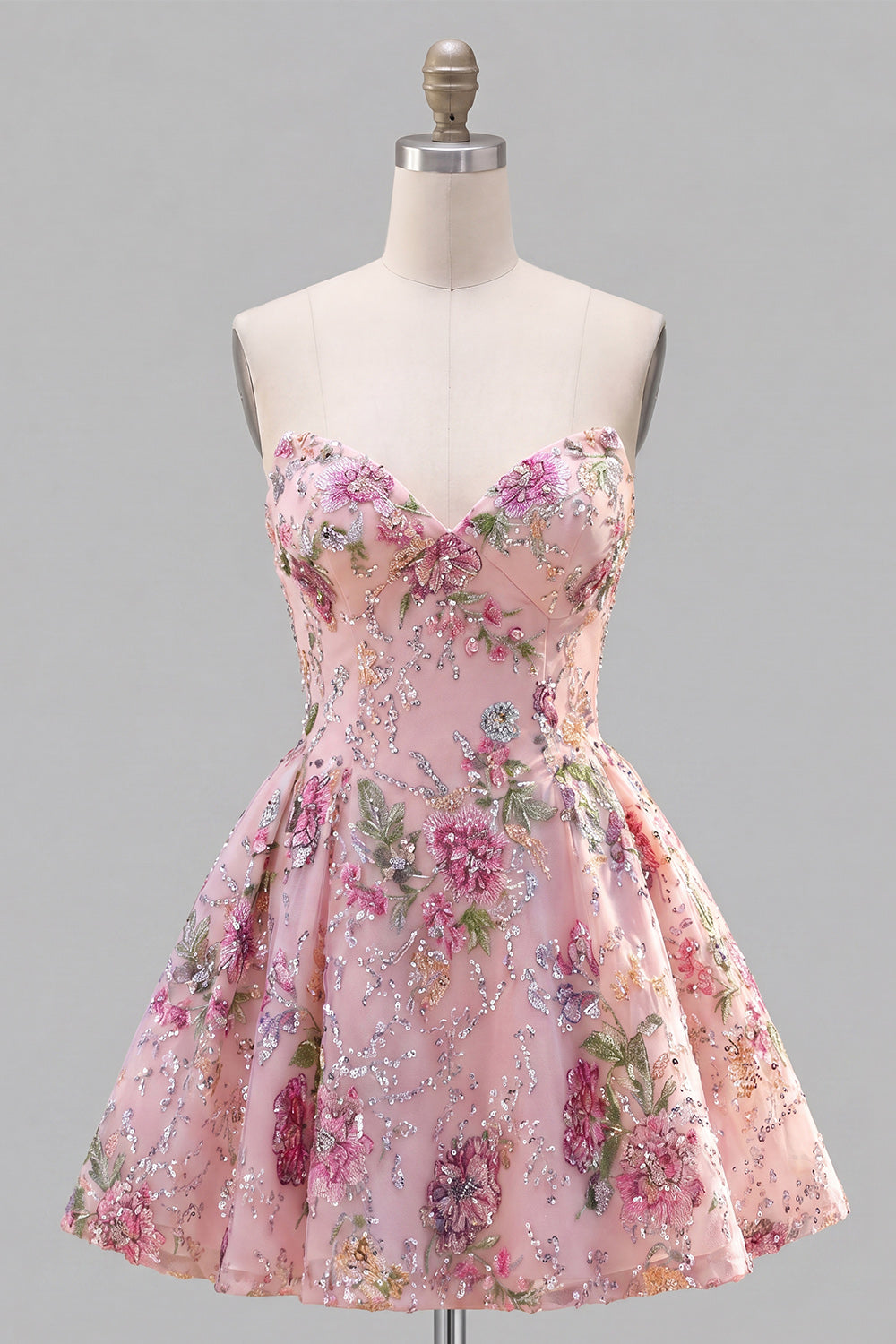 Sparkly Strapless Pink Floral Beaded A Line Short Homecoming Dress
