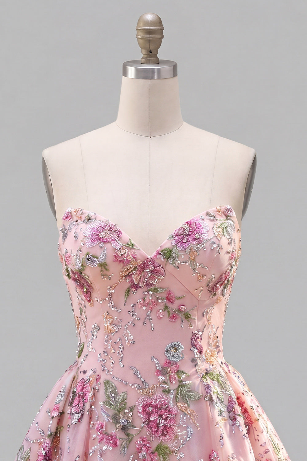 Sparkly Strapless Pink Floral Beaded A Line Short Homecoming Dress