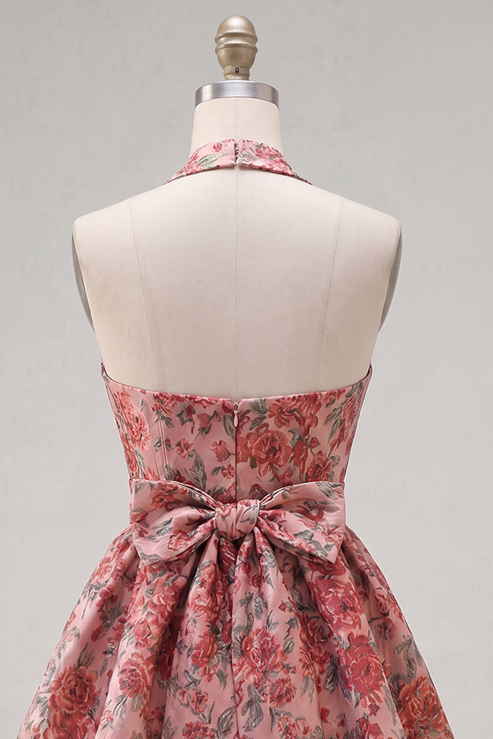 Red Flower Jacquard Halter A Line Short Homecoming Dress with Bow