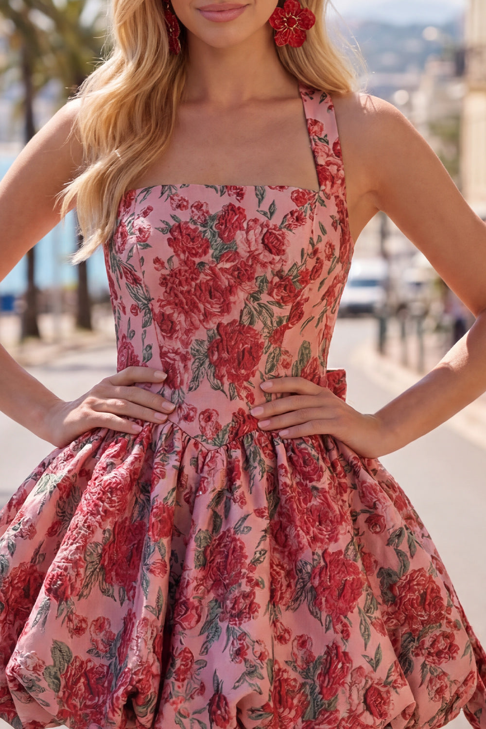 Red Flower Jacquard Halter A Line Short Homecoming Dress with Bow