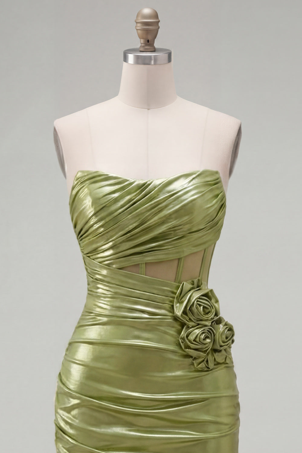 Green Corset Short Tight Strapless Ruched Homecoming Dress with 3D Flowers