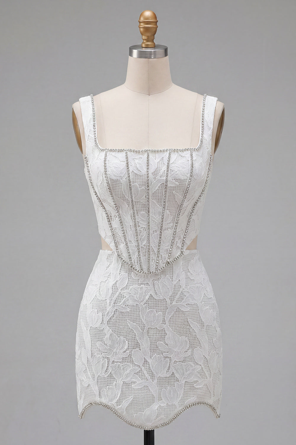 White Floral Corset Tight Square Neck Cut Out Short Homecoming Dress