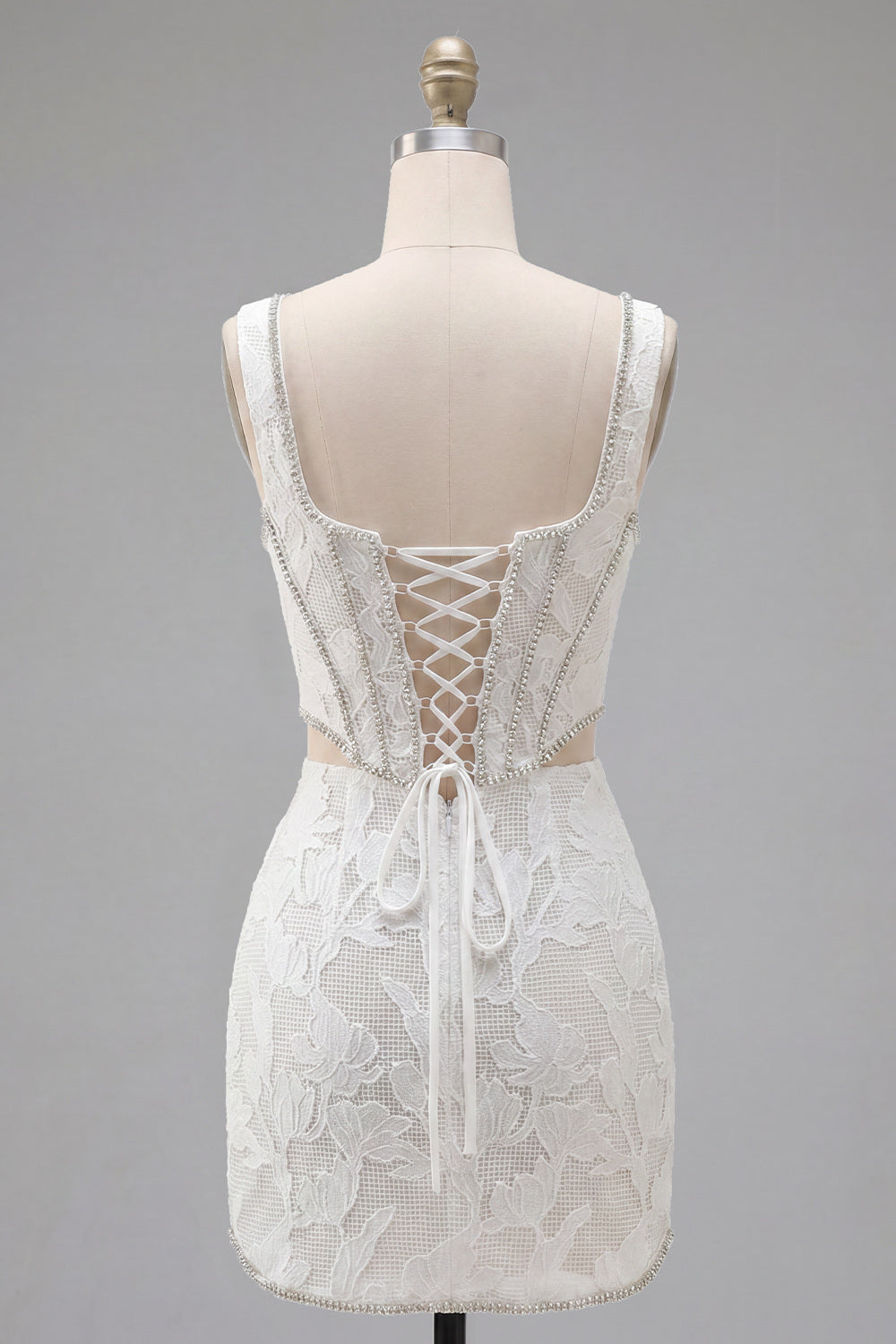 White Floral Corset Tight Square Neck Cut Out Short Homecoming Dress