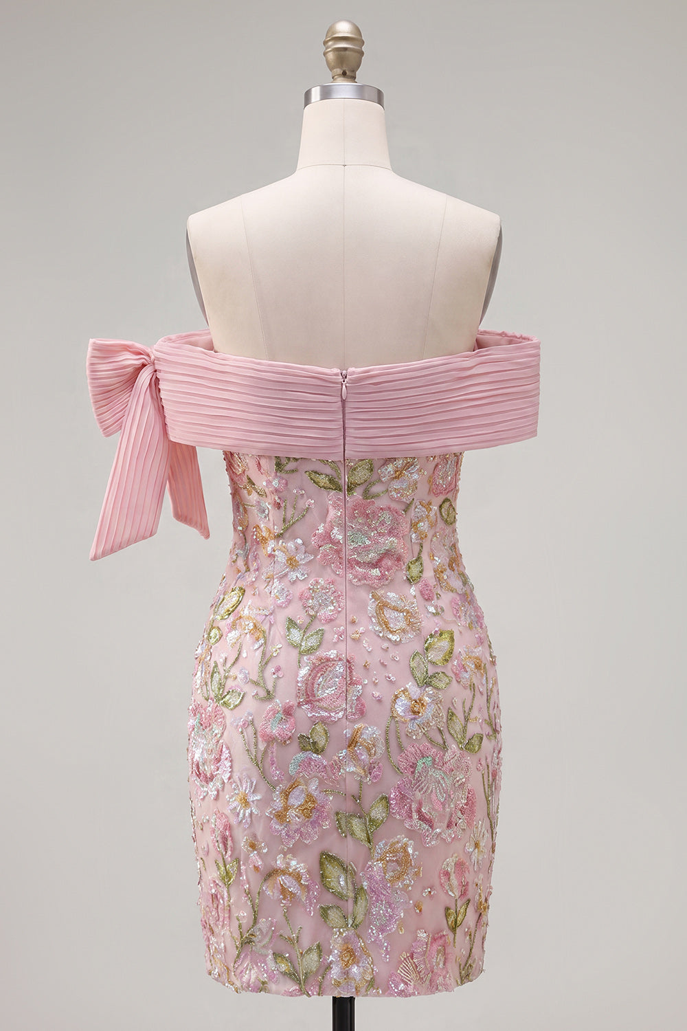 Sparkly Pink Floral Beaded Tight Short Homecoming Dress with Bow