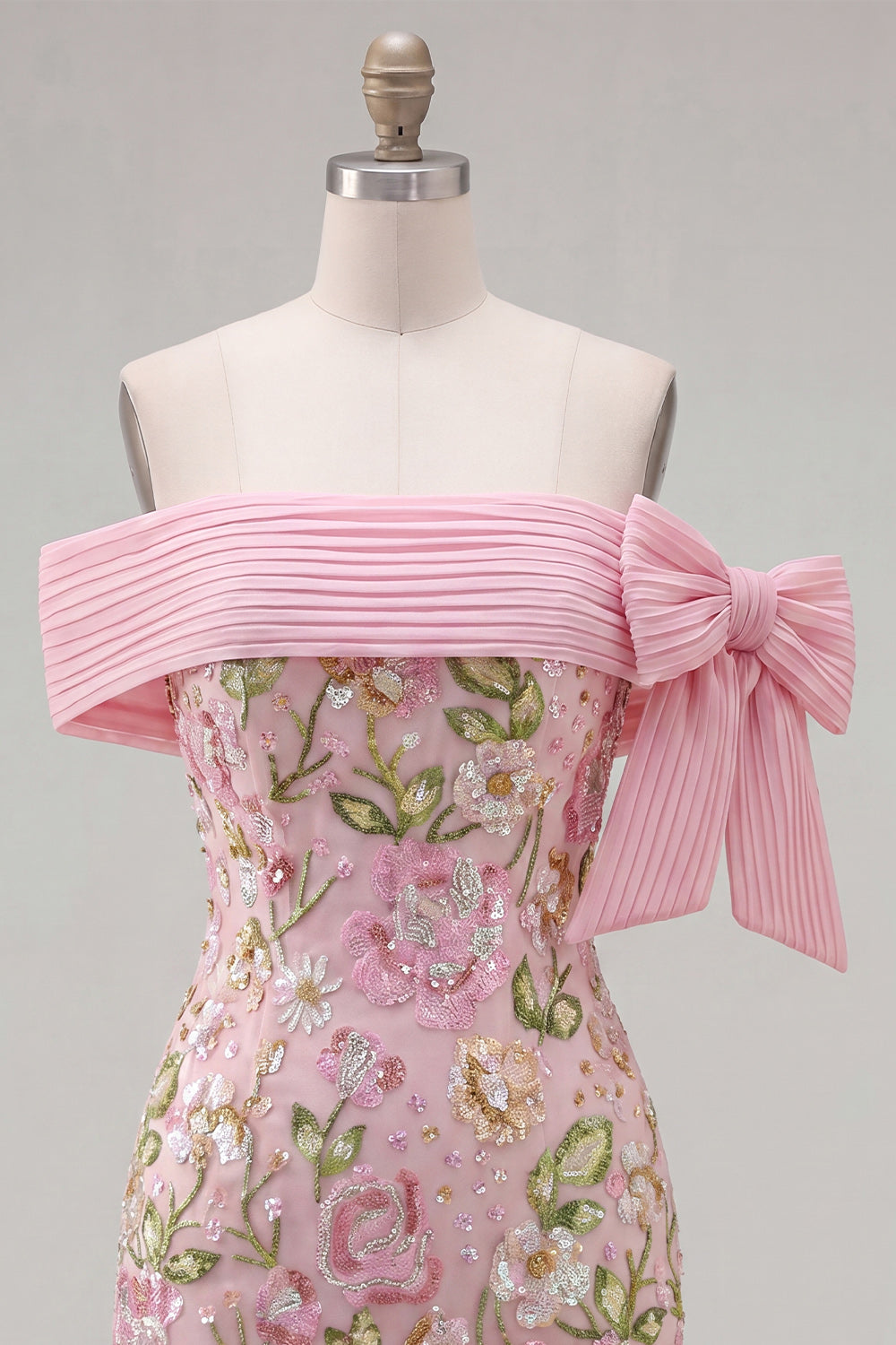 Sparkly Pink Floral Beaded Tight Short Homecoming Dress with Bow