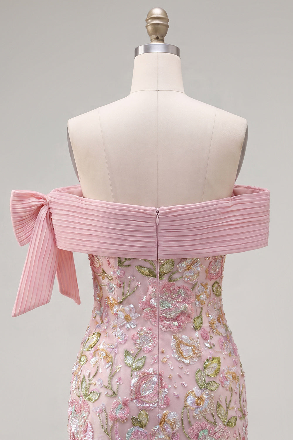 Sparkly Pink Floral Beaded Tight Short Homecoming Dress with Bow