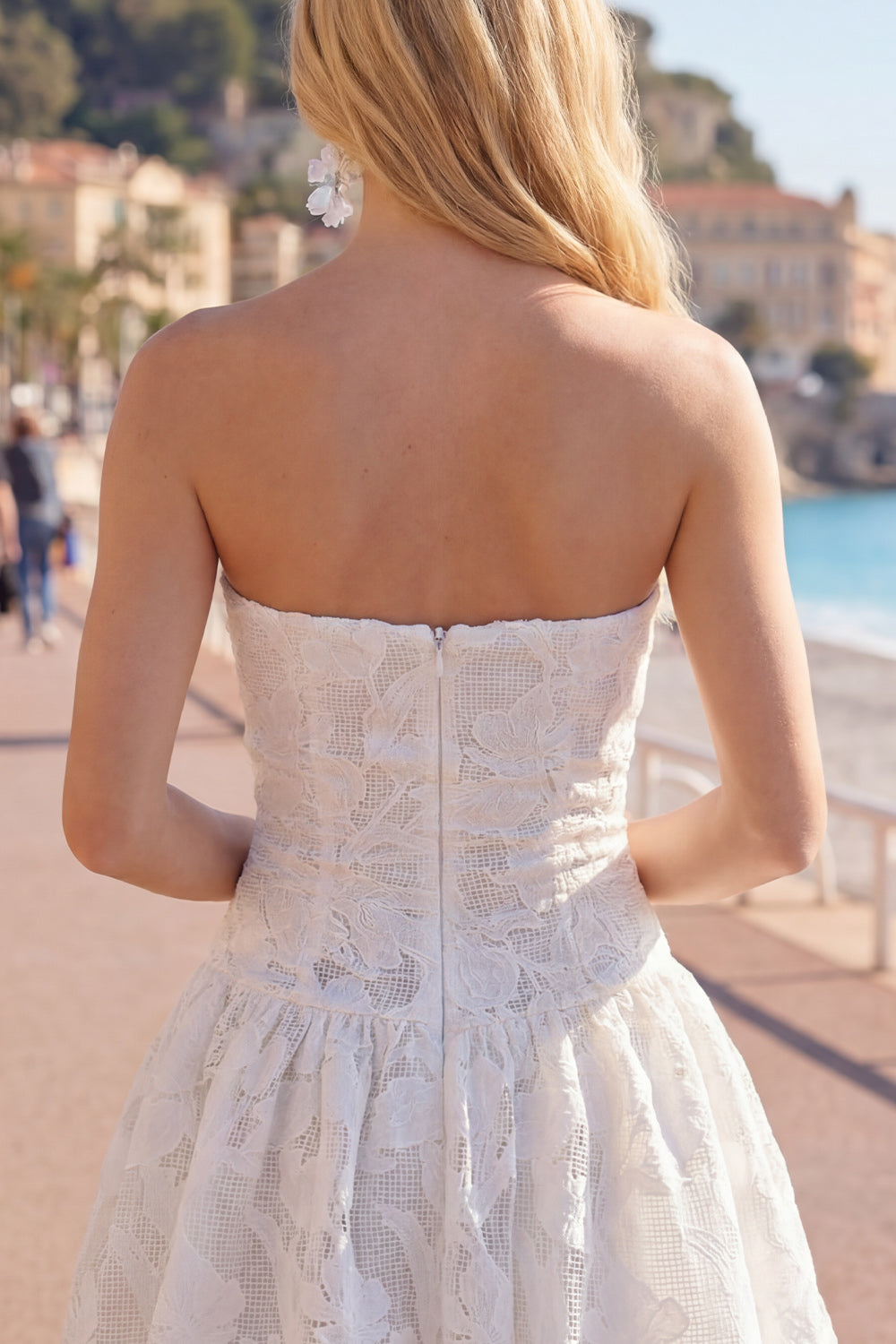 White Floral A Line Strapless Short Homecoming Dress