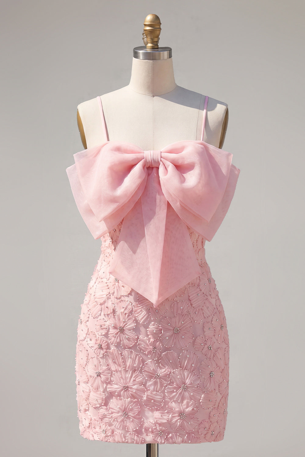 Sparkly Pink Floral Short Spaghetti Straps Tight Homecoming Dress with Pearls