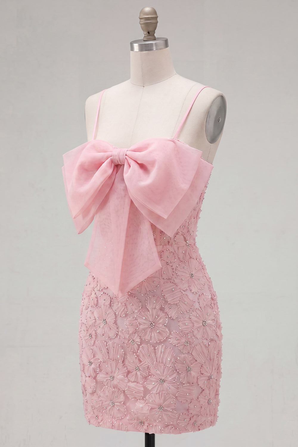 Sparkly Pink Floral Short Spaghetti Straps Tight Homecoming Dress with Pearls