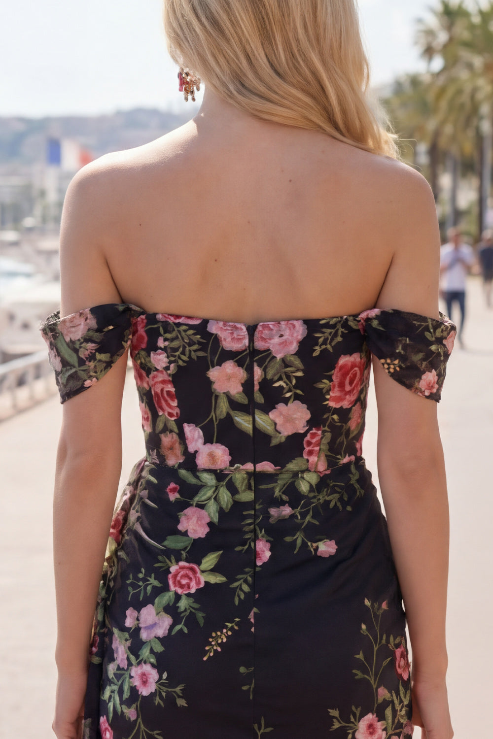Black Floral Short Tight Off the Shoulder Homecoming Dress with Sash