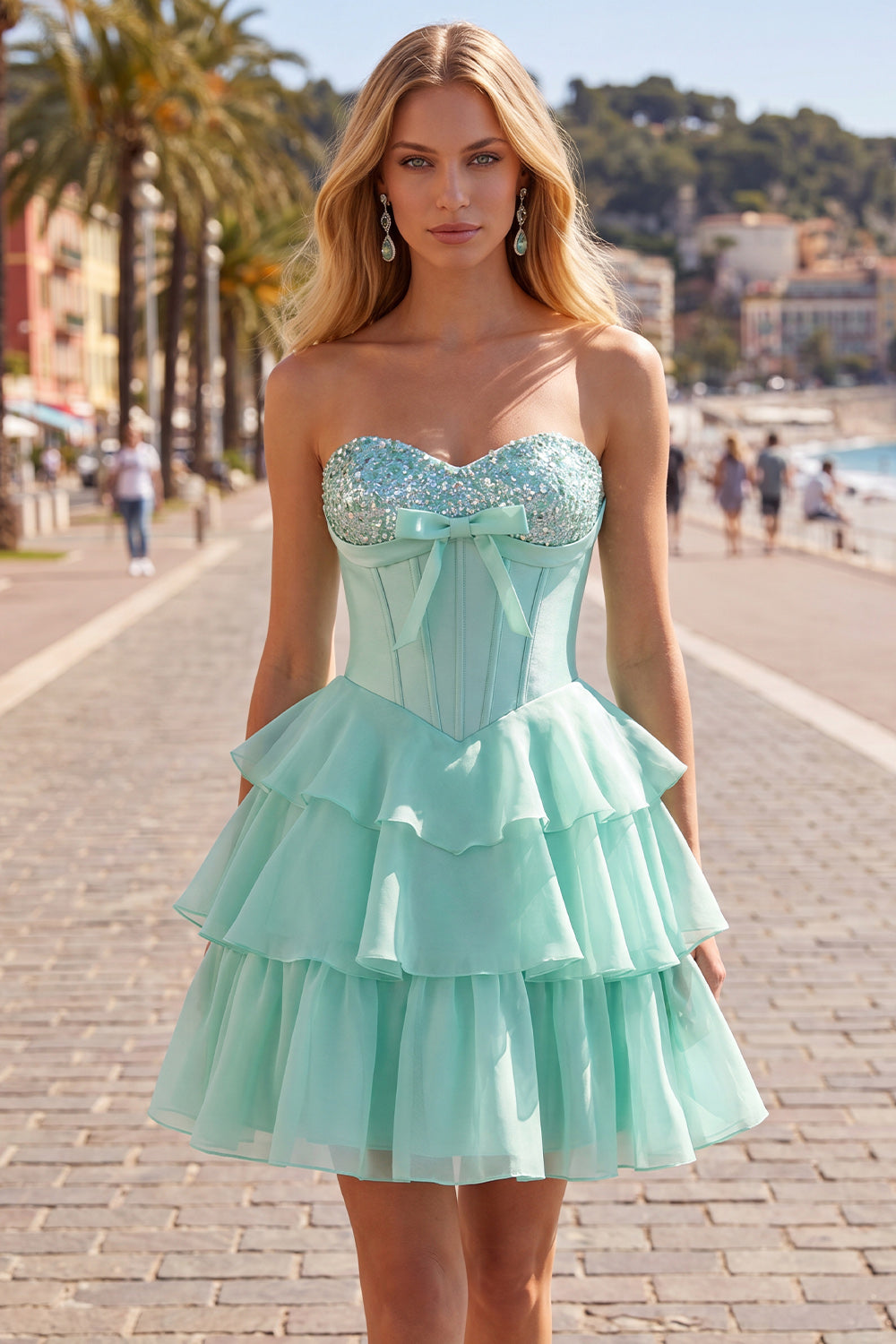 Mint Corset Short Beaded A Line Strapless Homecoming Dress with Ruffles