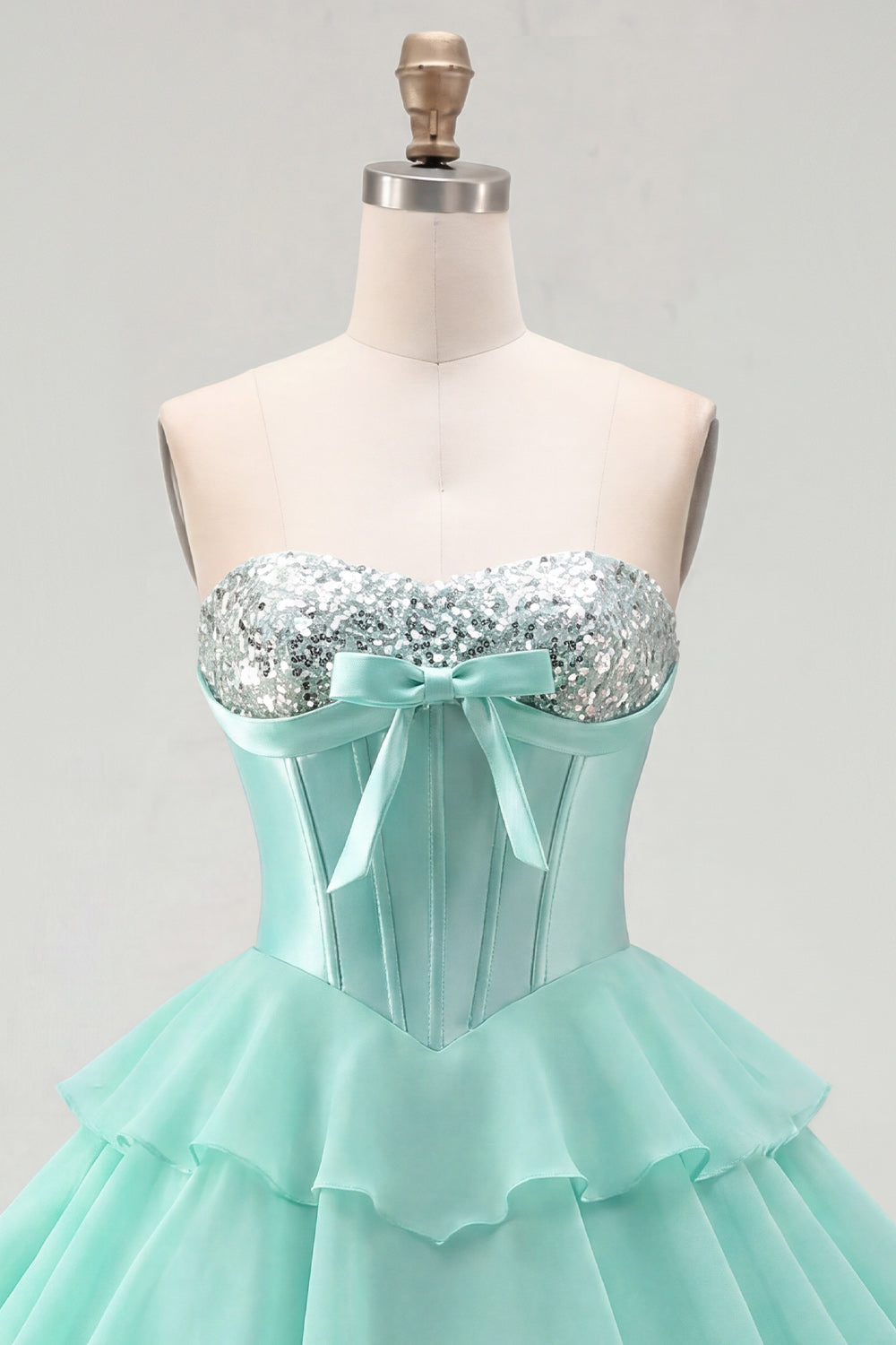 Mint Corset Short Beaded A Line Strapless Homecoming Dress with Ruffles