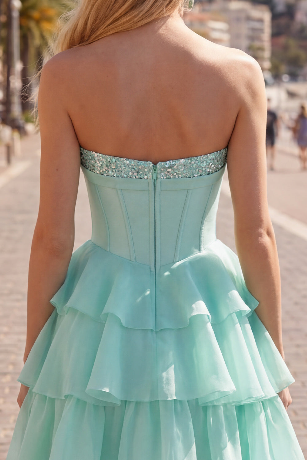 Mint Corset Short Beaded A Line Strapless Homecoming Dress with Ruffles