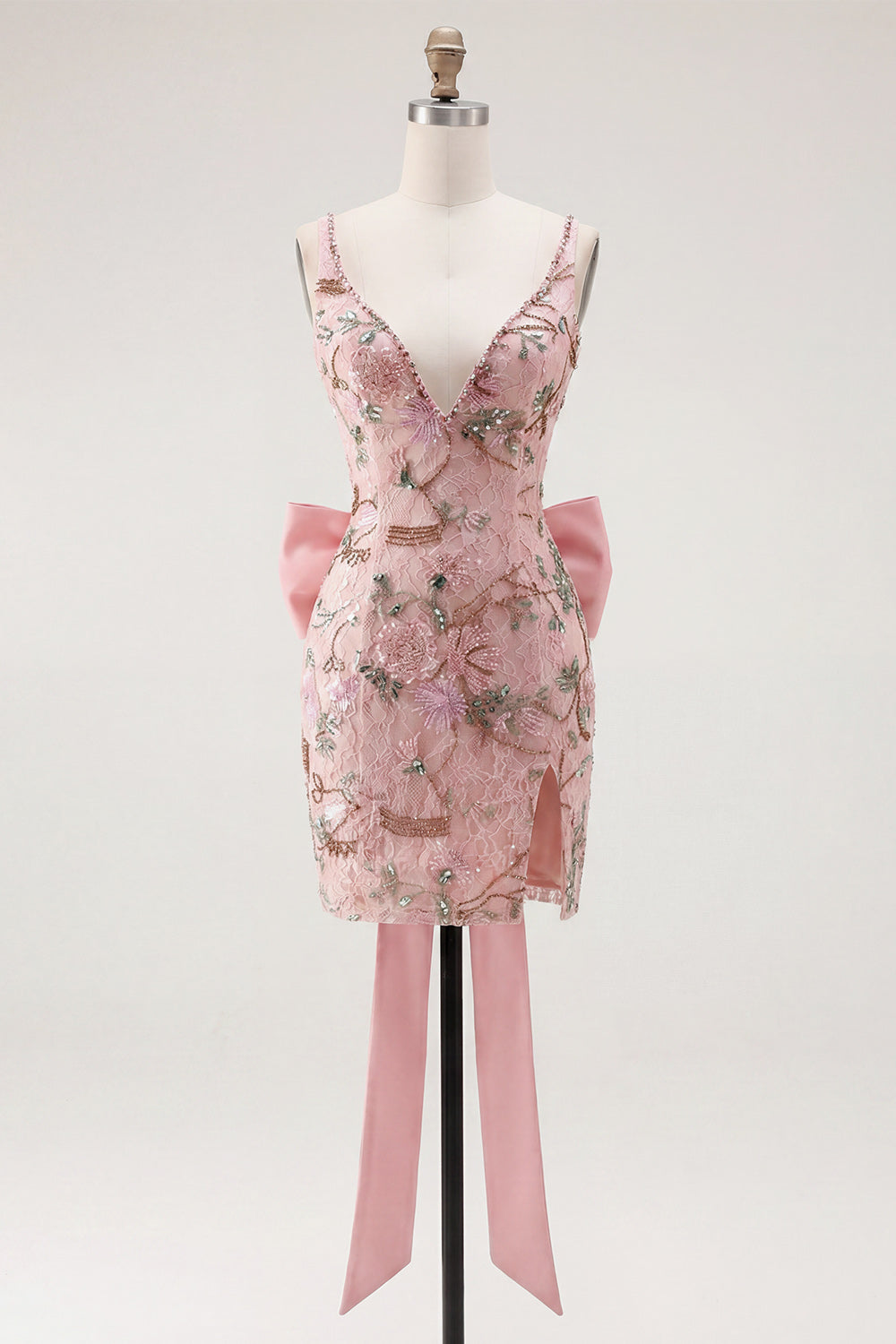 Sparkly Beaded Pink Floral Tight Short V-Neck Homecoming Dress with Bow